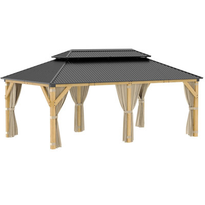 Pavillon de jardin en cèdre 12 pi x 20 pi, double toit en acier galvanisé, moustiquaire et rideaux, toit rigide permanent pour la cour arrière