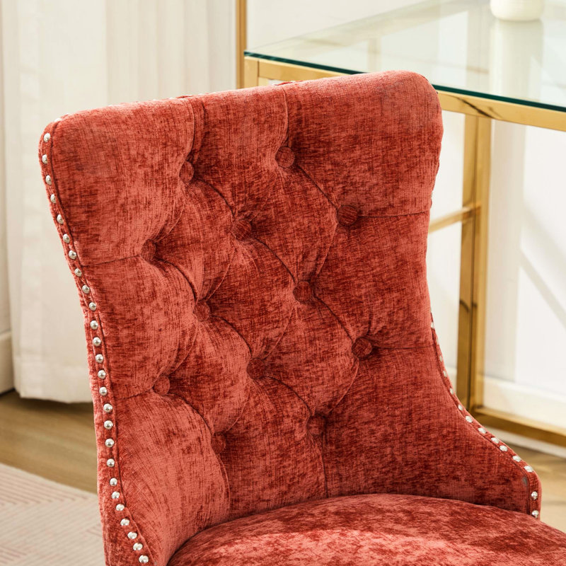 Chaise de bureau en chenille orange de conception américaine, boutons, base en métal, pivot réglable, éponge à rebond élevé, garniture cloutée fabriquée à la main, bouton rembourré moderne idéal pour l'espace d'étude