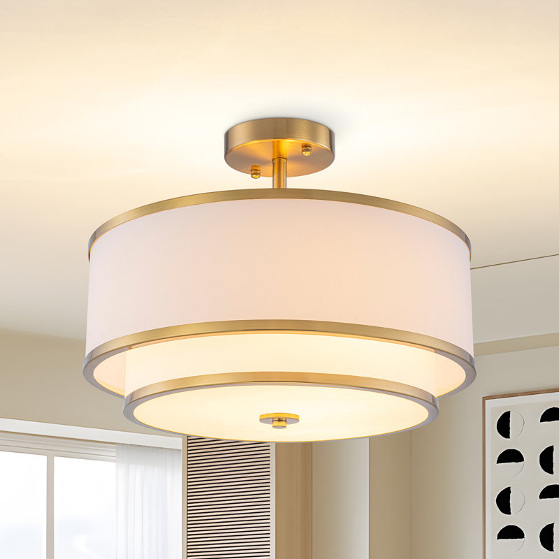 Nichoel 3-Light 7.28'' 2-Tier Drum Semi Flush Mount Ceiling Lights With Fabric Linen Shade, Gold