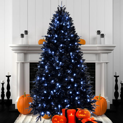 500 lumières à DEL blanches sur un arbre de Noël noir de 7,5 pi, 2156 pointes en PE +, structure à charnières, support en métal et lumières des Fêtes dans une atmosphère sophistiquée