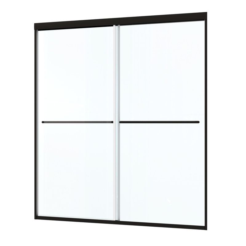 56 - 60 "x 70" Porte de douche à dérivation avec design coulissant. Noir mat, verre trempé de 1/4 po. Rail supérieur, poignée en acier inoxydable. Glissement en douceur, fuite. Nano facile à nettoyer, film éclatant. 36 000 tests. Installation