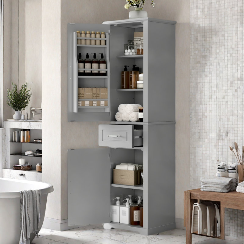 Tall Bathroom Storage Cabinet With 2 Different Size Doors, Adjustable Shelf, Door Shelve Design And Drawer, Gray