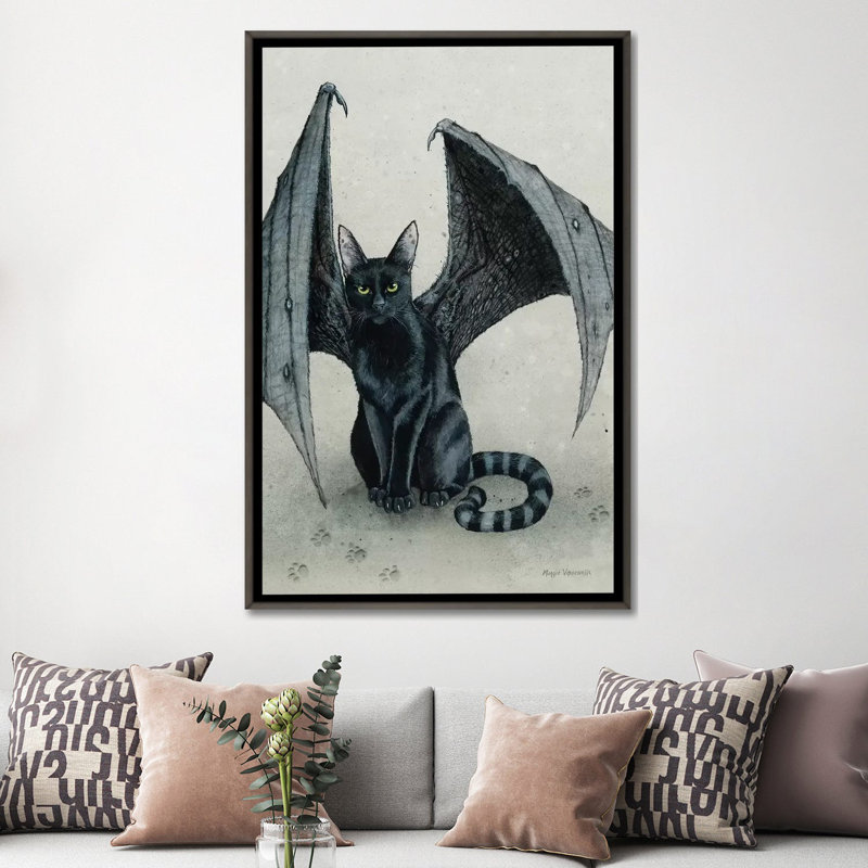 Reproduction d’art, "The City Battycat" par Maggie vandewalle, Toile encadrée de bois rustique foncé, Pas de tapis