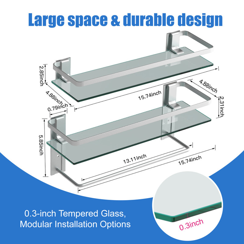 2-tier Tempered Glass Shelves - 15.7 Inch Wall-mounted With Towel Rack, Rustproof Frame, Silver