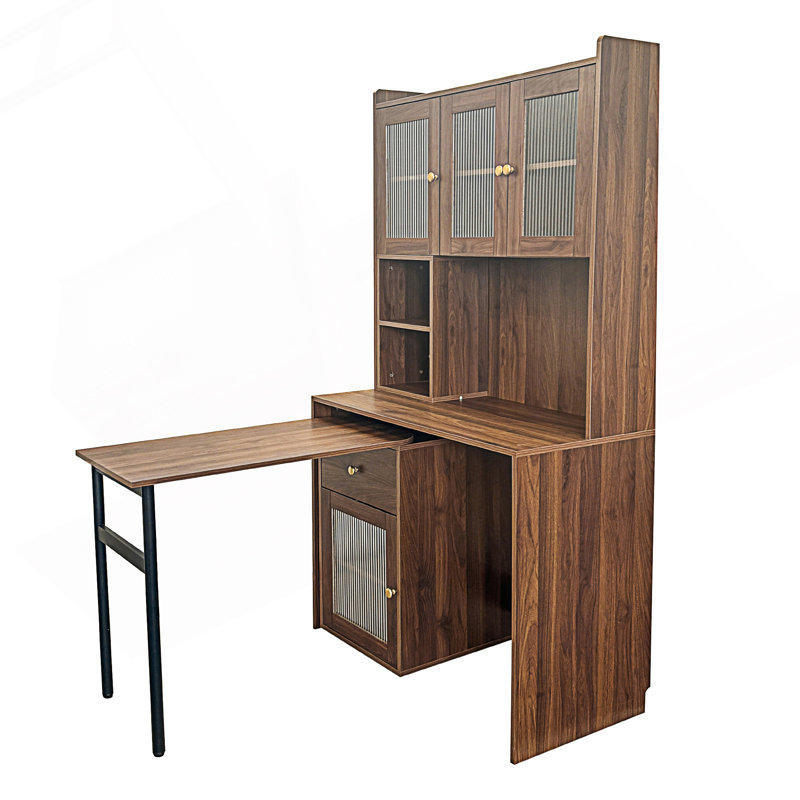 Bureau d'ordinateur multifonctionnel avec bureau rotatif à 90 degrés, Noyer