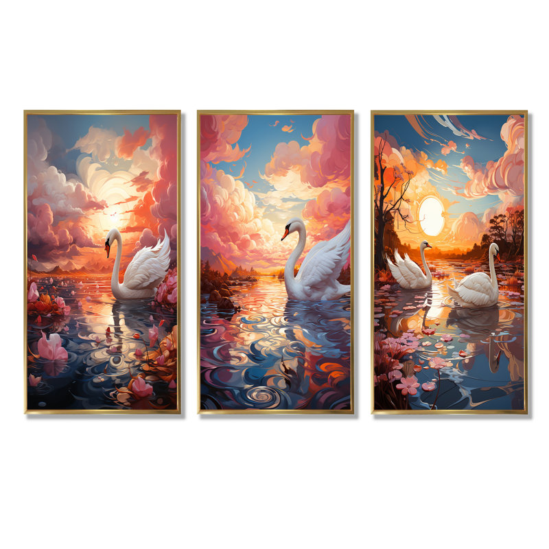 «Graceful Mirage Swans», ensemble de 3 reproductions d'art sur toile, Cadre flottant doré, H 32 po x l 48 po