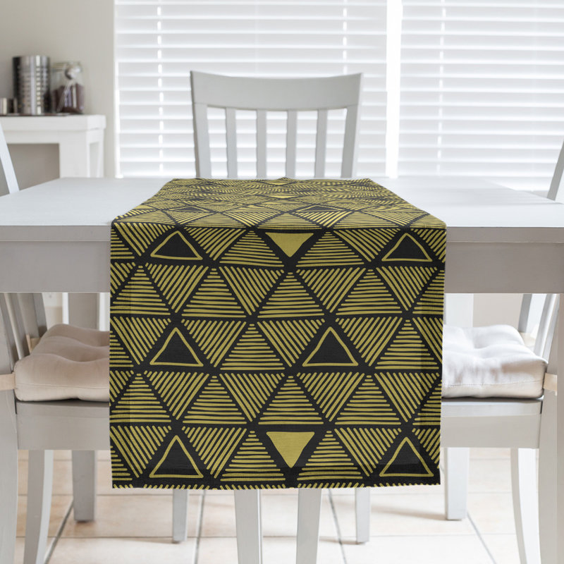 Classic Hand Drawn Triangles Table Runner, 16" x 72", Light Yellow/Black