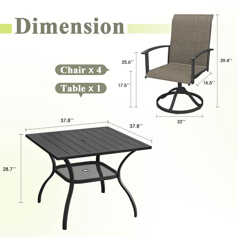 Ensemble de salle à manger de patio pour 4 personnes avec chaises pivotantes en textilène, Noir / brun