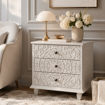 Carved Wood Nightstand with 3 Drawers, Vintage Scrollwork Embossed Accent Chest, Farmhouse Storage Cabinet Side End Table
