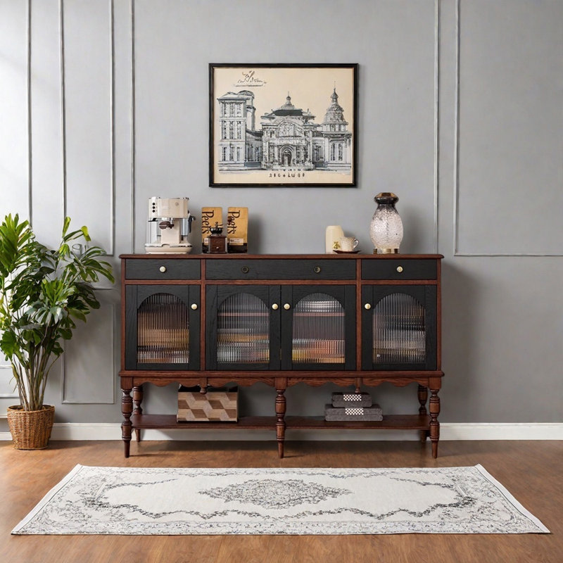 French retro wall-mounted sideboard, 39.37" H x 62.99" W x 15.75" D, Brown/Black