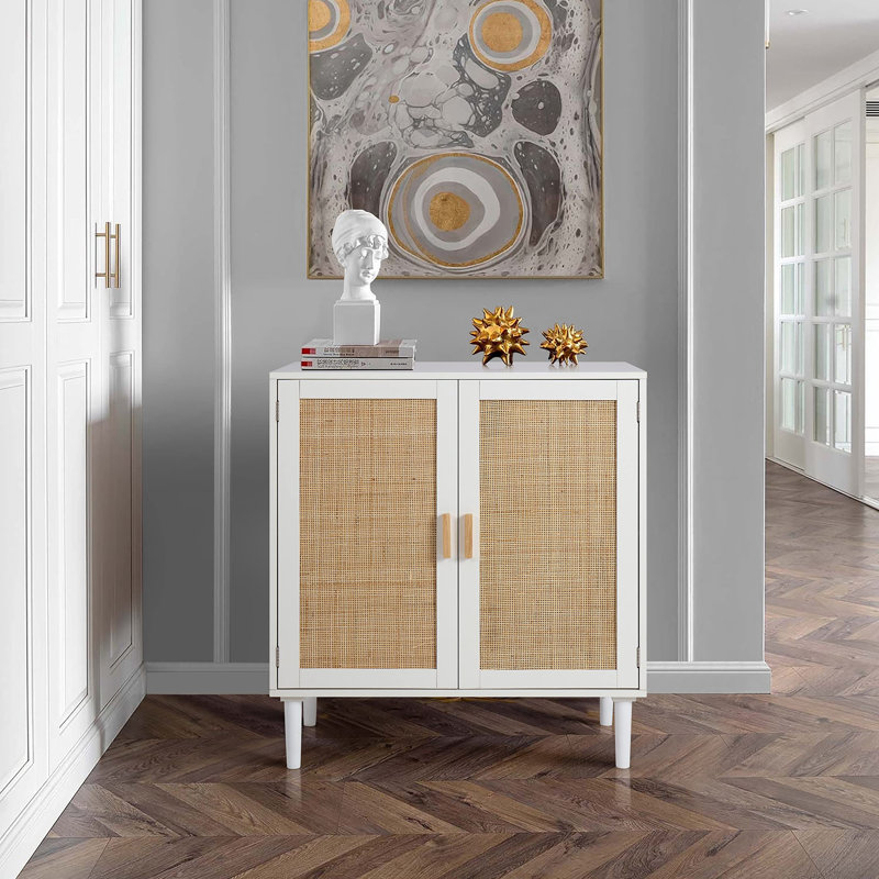 White and Natural Rattan 2-Door Sideboard Buffet Cabinet