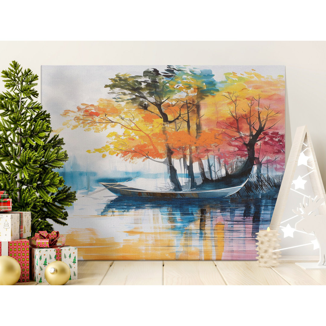 Autumn Lake Boat Canvas Wall Art, Gallery Wrapped Matte Canvas Print, Modern Decor, Ready to Hang, Archival Inks, Statement Piece