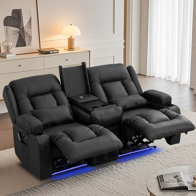 Power Reclining Sofa With Heat And Massage, Bluetooth Speakers And LED Lights, 3 Seater Dual Recliner Sofa With USB Ports And Cup Holders