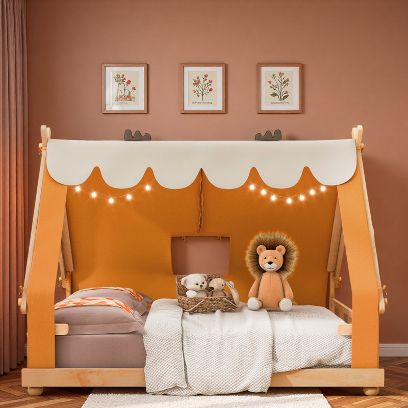 Lit maison avec tente et lumière, Double, Brun