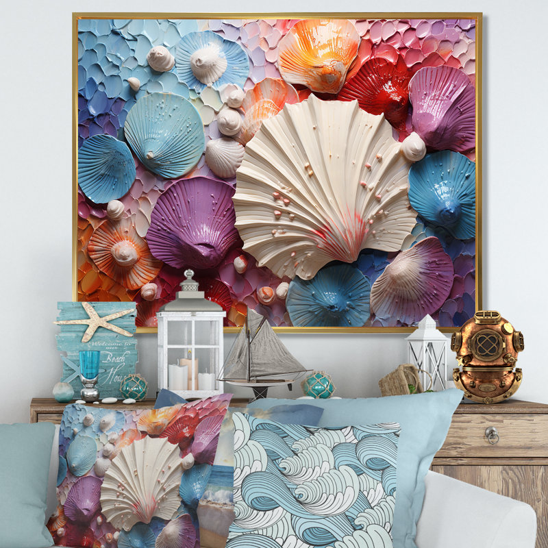 Coquillage côtier tranquillité sur toile, H 16 po x l 32 po x P 1 po, Cadre flottant doré