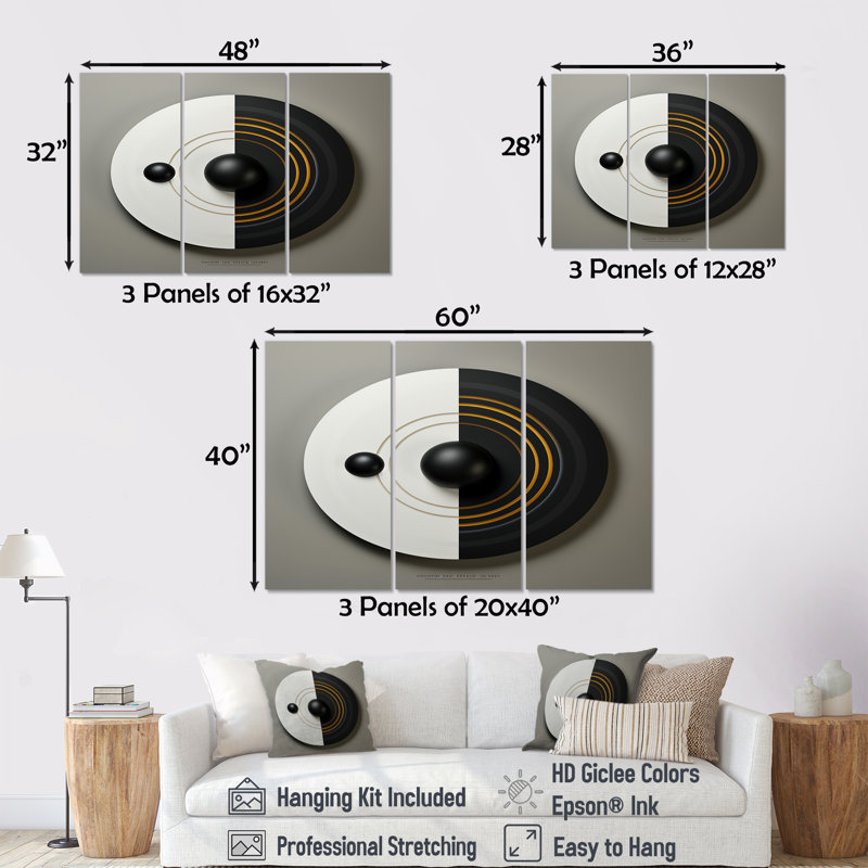 Minimal Glam Zen noir blanc doré - ensemble de décoration murale géométrique, H 28 po x l 36 po x P 1 po, Toile tendue