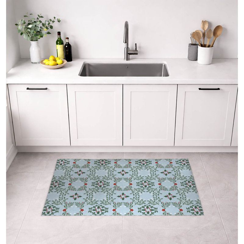 Tapis de cuisine Winter Mistletoe, Rectangle 5 pi x 7 pi, Argent / bleu