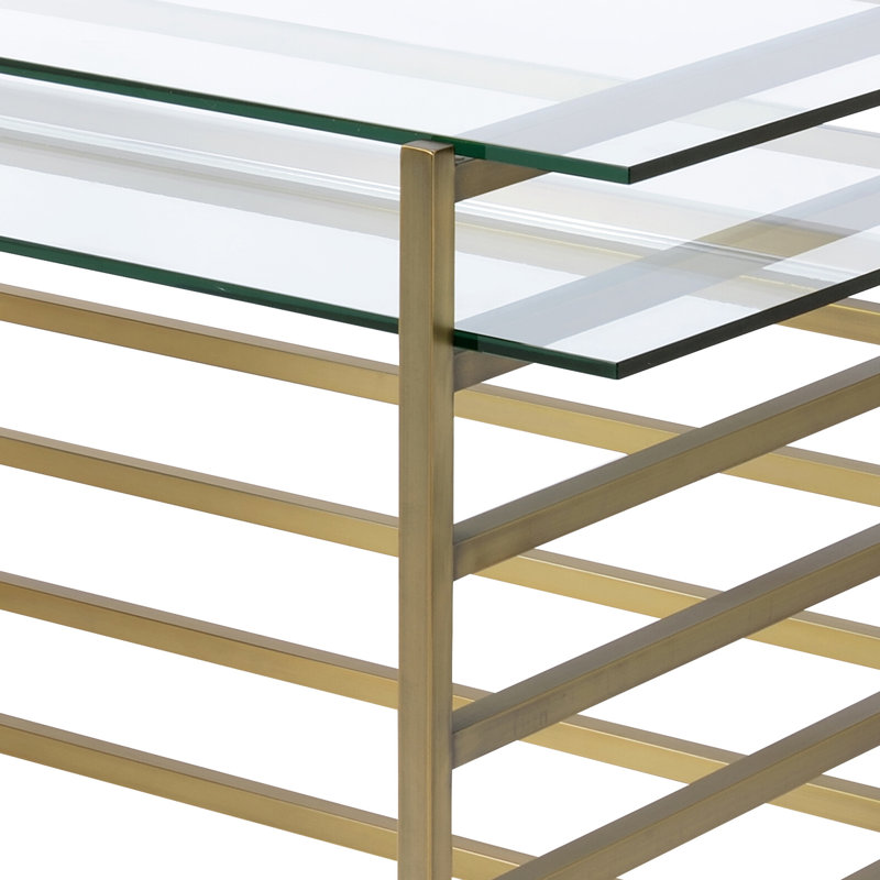 Bureau d'écriture rectangulaire de style contemporain avec verre transparent, base en métal doré antique, un espace de rangement avec espace de finition