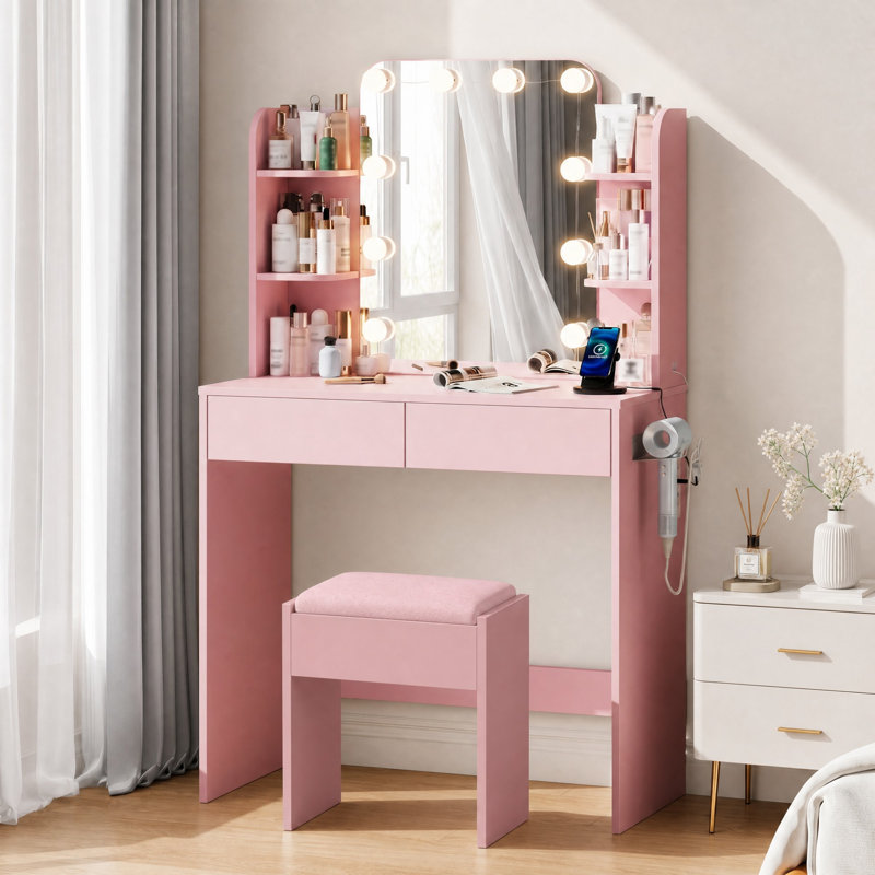 Coiffeuse de maquillage avec miroir lumineux à DEL et prise de courant, coiffeuse avec 2 tiroirs, 4 tablettes, support pour sèche-cheveux