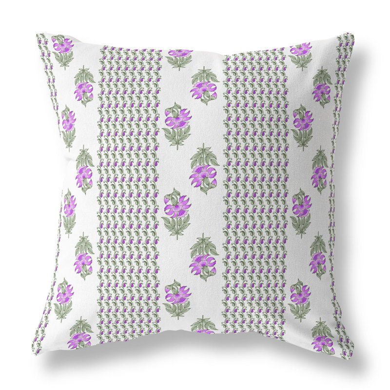 16" White and Purple Floral Reversible Throw Pillow