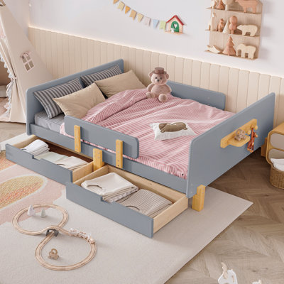 Full Size Platform Bed Frame With Storage Function Drawers, Solid Wood Materialen Frame Material Bed Frames Frame With Bed Frame Guardrail, Small Shelf, And Hooks
