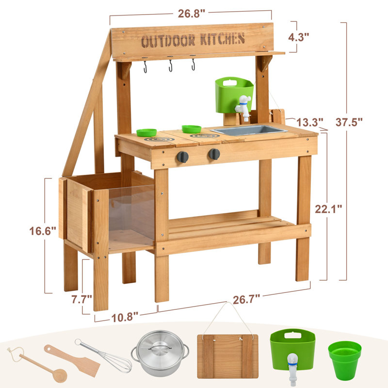 Mud Kitchen For Kids Outdoor, Wood Play Kitchen With Planter Box, Toddler Sink, Faucet, Blackboard, Water Cup And Accessories