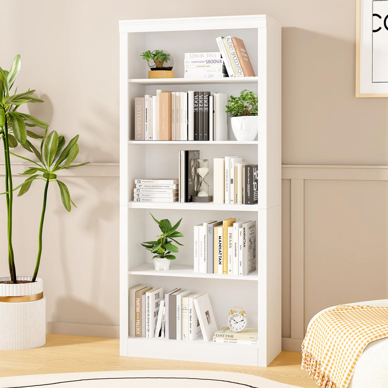 71" Tall Bookcase, 5-Tier Wooden Open Bookshelf, Modern Freestanding Storage Shelf, White