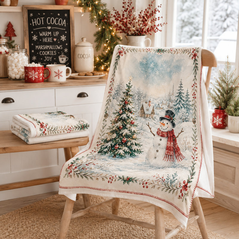 Couverture aquarelle avec bonhomme de neige Snowy Village