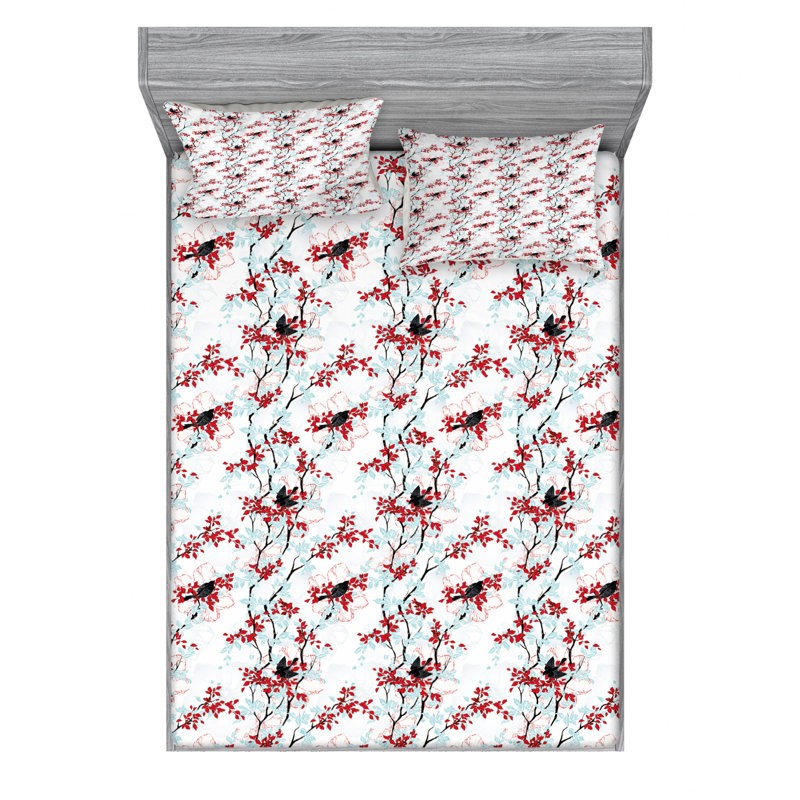 Microfiber Sheet Set, Queen Sheet Set with 2 Pillowcases, Red/Blue/White Floral 2
