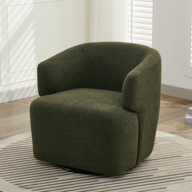 Wide Upholstered Swivel Barrel Accent Chair, No Assembly required, Dark Green Boucle