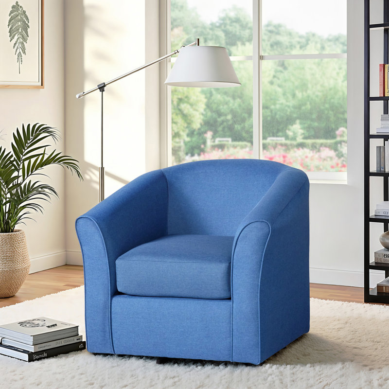 Bryn 33" Wide Polyester Swivel Barrel Chair, Denim Polyester Blend