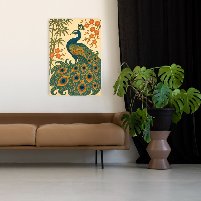 «Elegant Peacock Plum Blossoms Elegant Vibrant Contemporary Bamboo Bird Cherry Flower Nature», art mural, H 48 po x l 32 po