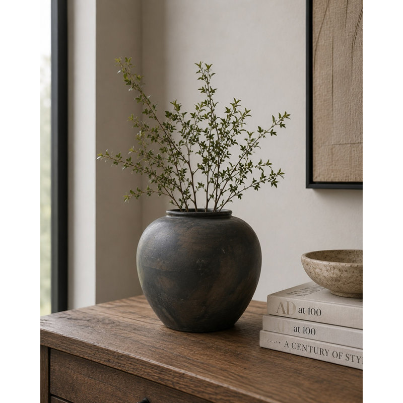  Vase de table gris en grès pour l'intérieur et l'extérieur, H 10 po x l 10 po x P 10 po