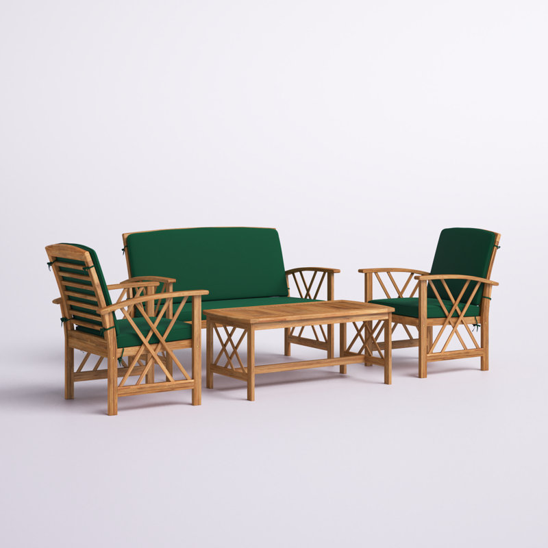 Calhoun Acacia 4 - Person Patio Conversation Set with Cushions, Natural Frame/Green Cushion