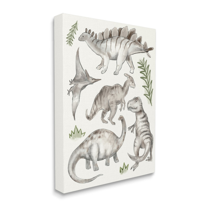 Dinosaures gris ludiques, plantes vertes minimes, H 30 po x l 24 po, Toile tendue