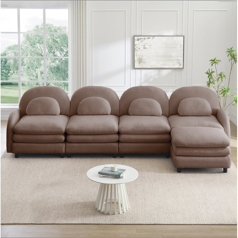 Canapé Teddy en tissu 4 places en forme de nuage, dossier incurvé et accoudoirs avec coussins lombaires incurvés, canapé modulaire 4 places modulaire avec repose-pieds mobile et coussin de soutien à double couche