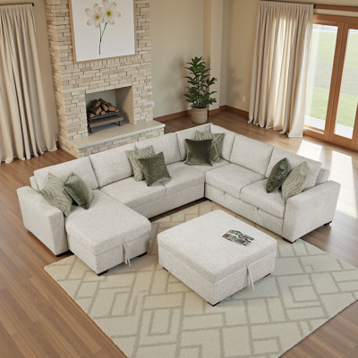  Orrin Modern & Contemporary Sectional - Extra-Large Microfiber 6-Piece Sectional with Pull-Out Bed, Storage Chaise, Rolling Ottoman, and 8 Pillows.