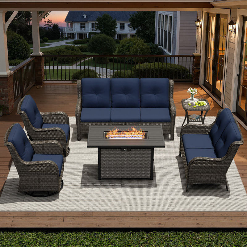 7-Person Outdoor Patio Conversation Rattan Seating Group With 2-In-1 Propane Fire Pit Table,2 Swivel Chairs and Blue Cushions