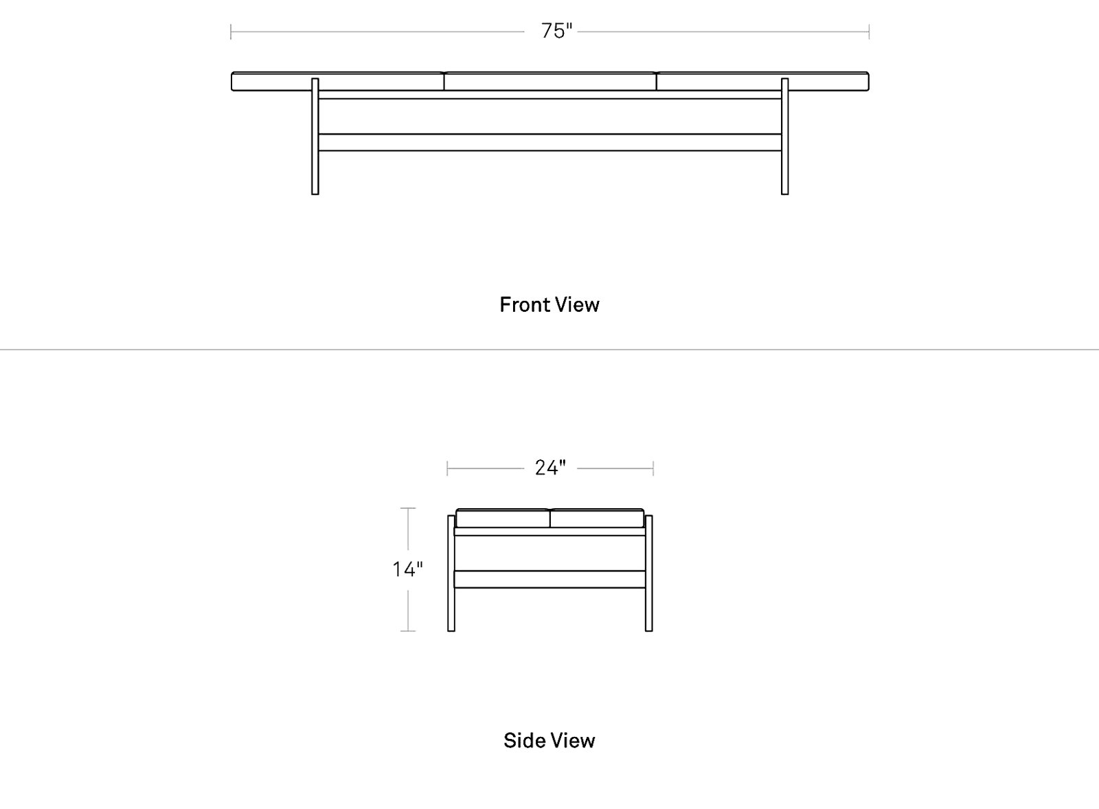 Daybench Genuine Leather Bench, Ink Genuine Leather, Oblivion, 14" H x 75" W x 24" D