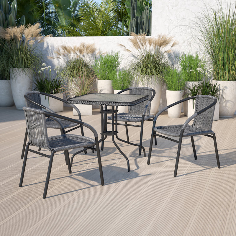 28'' Square Tempered Metal Table with Rattan Edging, Gray