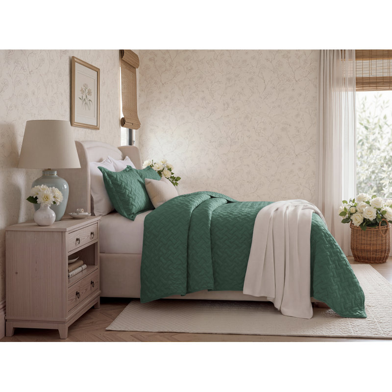 Best Seller Quilted Blanket - Textured Weave Pattern, Airy Lightweight Bed Covering,85gsm, Dark Forest