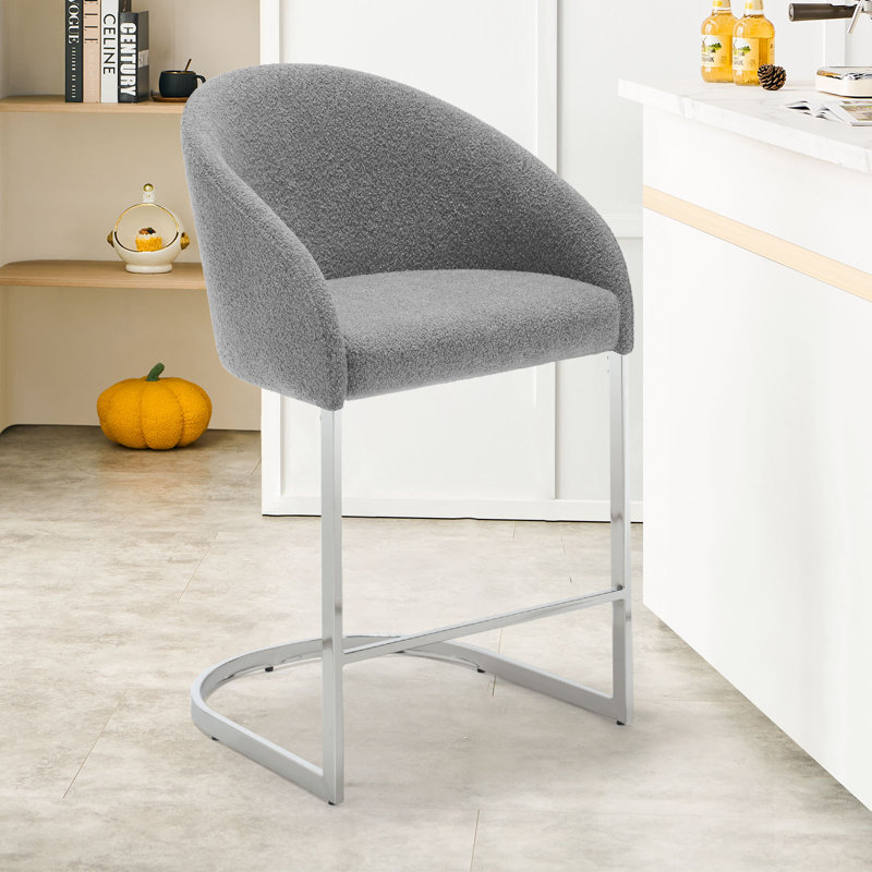 Gray Boucle Upholstered Counter Stools with Chrome Frame, Set of 4