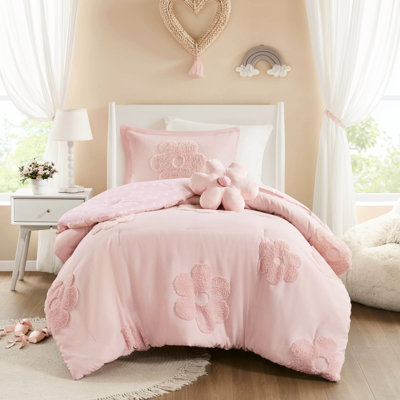 Pink Twin Chenille Comforter With Floral Throw Pillow And Reversible Filling Flower Decor