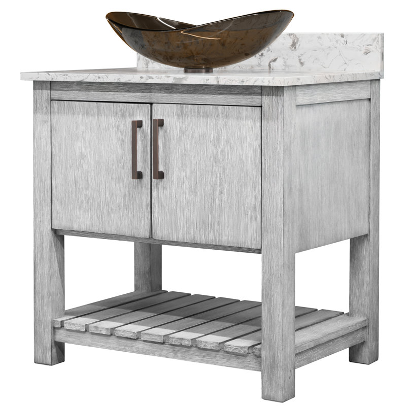 Meuble-lavabo de 30 po avec comptoir en quartz moka, lavabo en verre et quincaillerie bronze huilé, Bronze frotté à l'huile