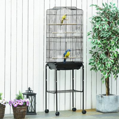 Black Bird Cage for Budgie Finch Canary Parakeet, with Rolling Stand Wheels, Slide-Out Tray and Bottom Storage Shelf, Complete Small Parrot Habitat, 46.5 x 36 x 157 cm