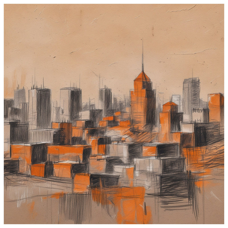 Tapisserie murale orange, paysage urbain, 104 po H x 88 po avec 4 œillets