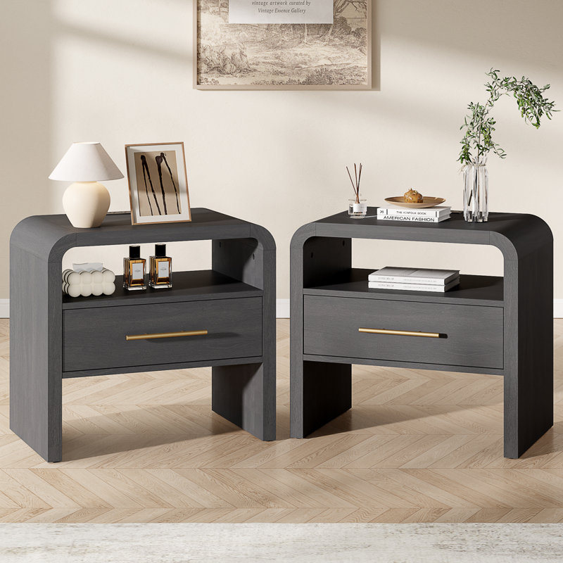 Auralis Curved Nightstand Set of 2 with Charging Station & LED Lighting, 23.7" Wide Organic Modern Side Tables with Drawer, Open Shelf Storage, Bedside Tables & End Tables