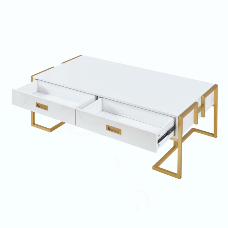 Table basse moderne moderne avec 4 tiroirs de rangement, grand plateau de table et base de support décorative pour salon contemporain
