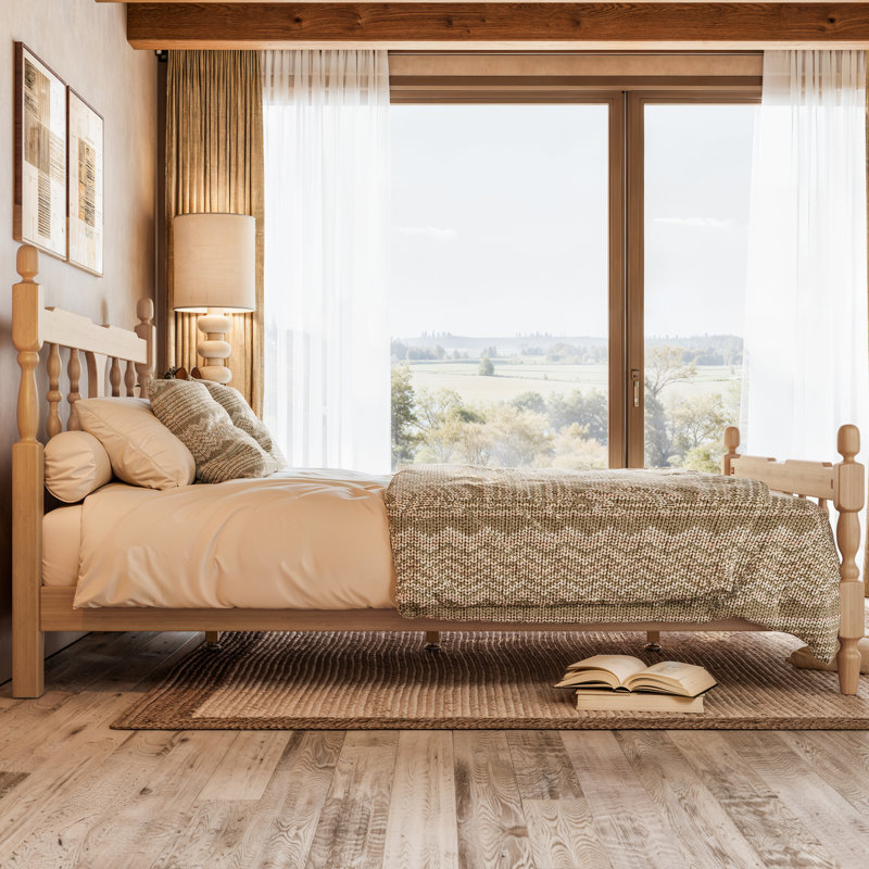 Cadre de lit plateforme en bambou Geometra avec tête de lit carrée découpée pour chambre à coucher, Queen, Naturel