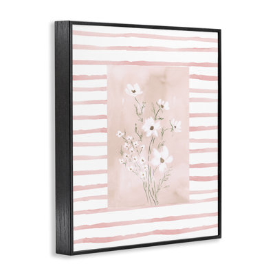 White Cosmos on Pink Stripes Framed Giclee, design by Lucille Price